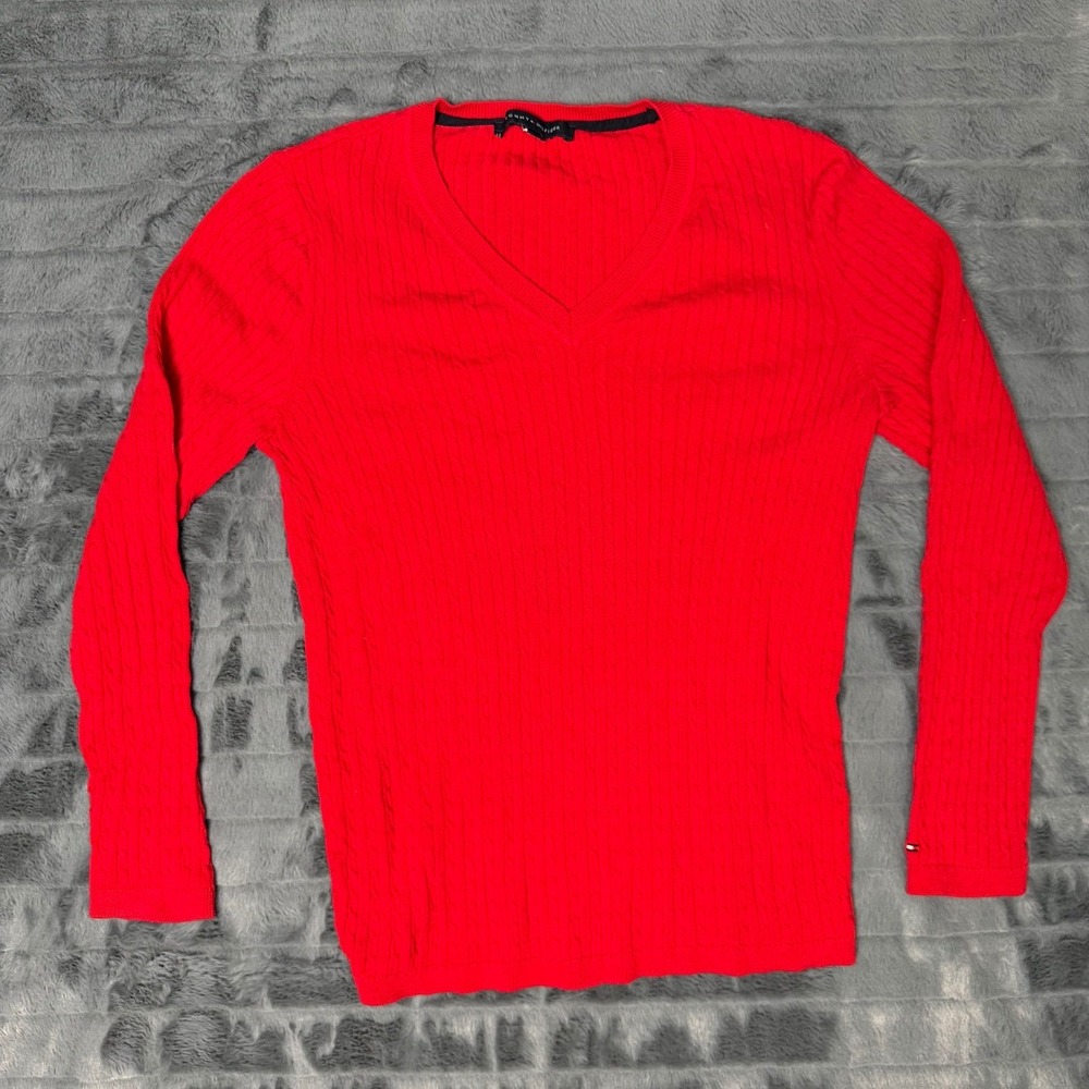 Tommy Hilfiger Womens Red Cable Knit V-Neck Cotton Sweater Size L 6387